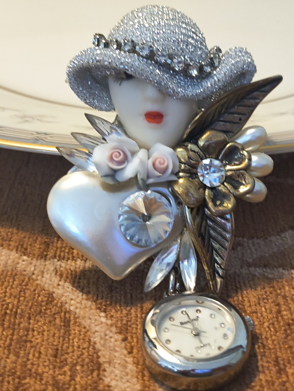 Vtg 80s Art Deco Silver Tone Lady Bonetto Watch Brooch Multicolor W/ Rhinestones